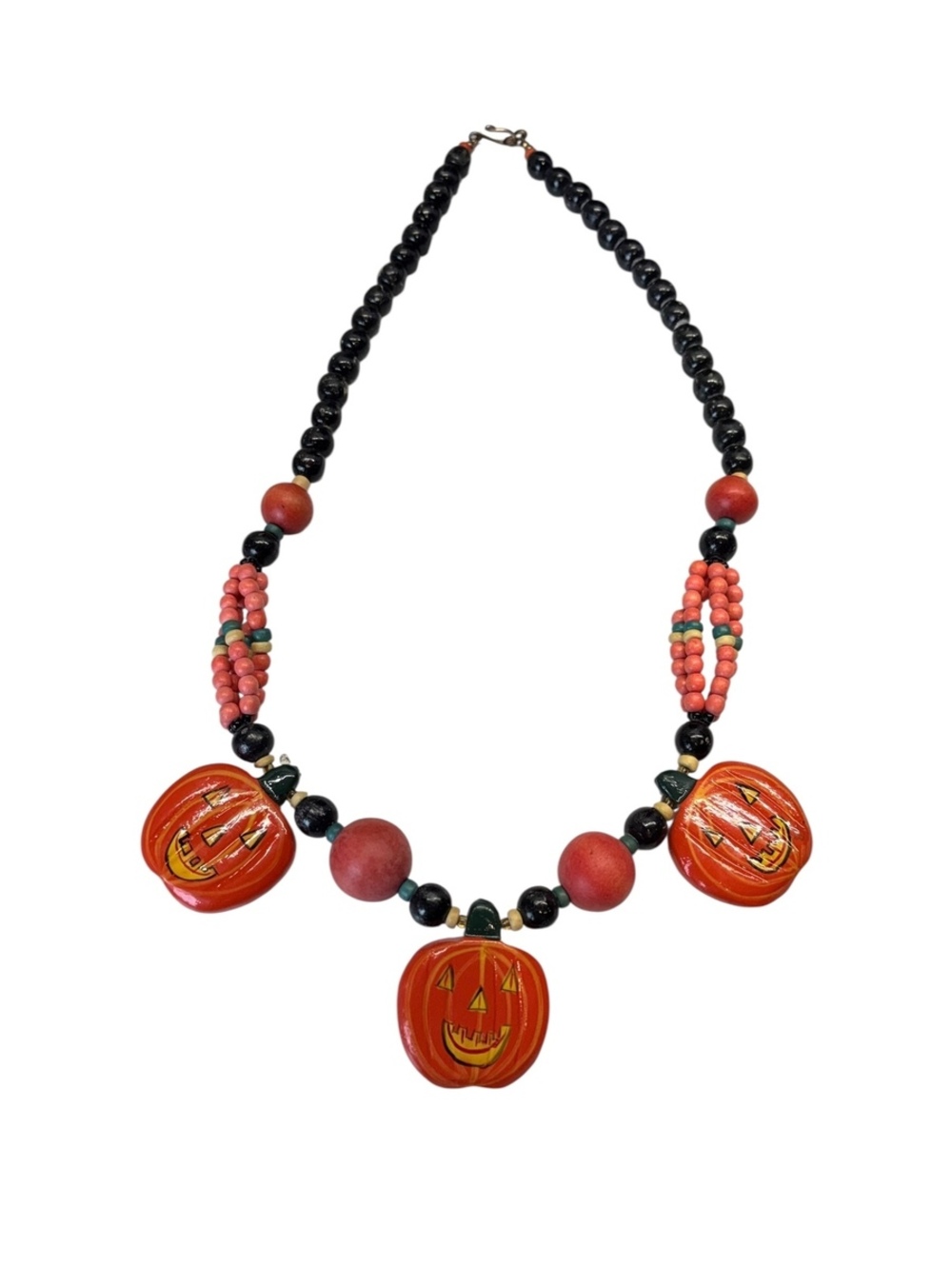Vintage Halloween Jack O Lantern Necklace Wood Beads 25” Pumpkin Statement